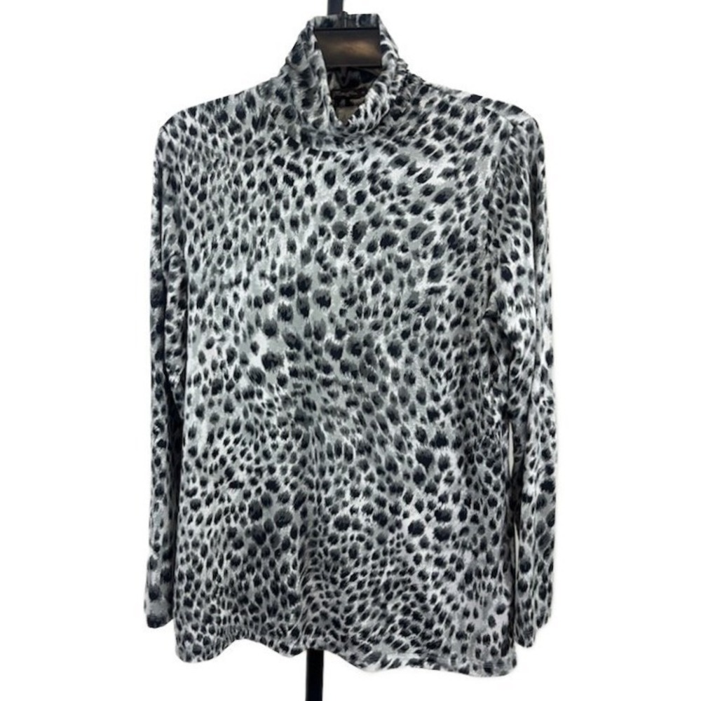 J. McLaughlin Gray Black Leopard Turtleneck‎ Long Sleeve Top Blouse Size Medium